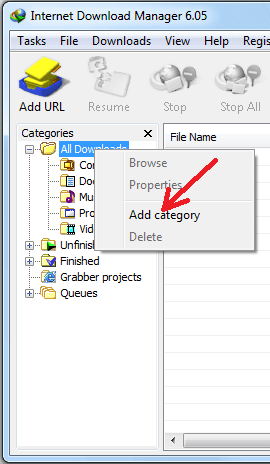 Add category pop-up menu item